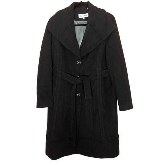 Calvin Klein Jackets & Blazers - Calvin Klein Size 12 Wool Blend Winter Coat Dark Charcoal Gray Peacoat Belted
